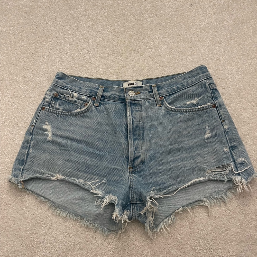 Agolde Light Blue Distressed Jean Shorts